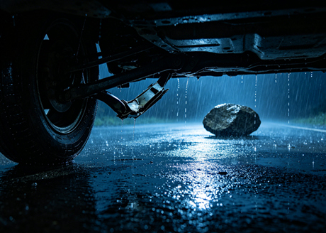 Vehicle Subframe Damage Evokes the Memory of Hitting a Large Rock in the Rain