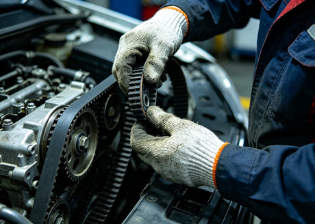 After opening the engine side cover, the broken timing belt was revealed.